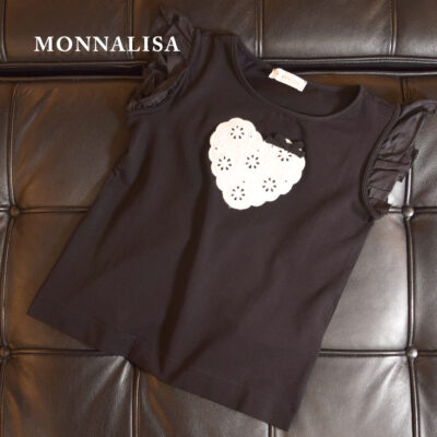 【NEW】【MONNALISA モナリザ】キッズ フリル袖 ブラック Tシャツ｜女の子用ハートモチーフトップス