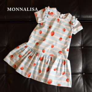 【NEW】【MONNALISA モナリザ】キッズ いちご柄ボーダーワンピース｜女の子用フリル袖・夏用カジュアルドレス