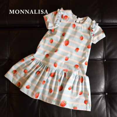 【NEW】【MONNALISA モナリザ】キッズ いちご柄ボーダーワンピース｜女の子用フリル袖・夏用カジュアルドレス