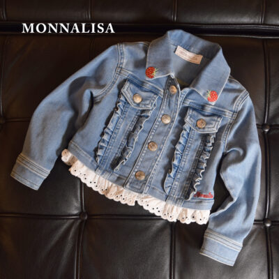 【NEW】 【MONNALISA モナリザ】キッズ デニムジャケット フリル付き｜女の子用いちご刺繍Gジャン